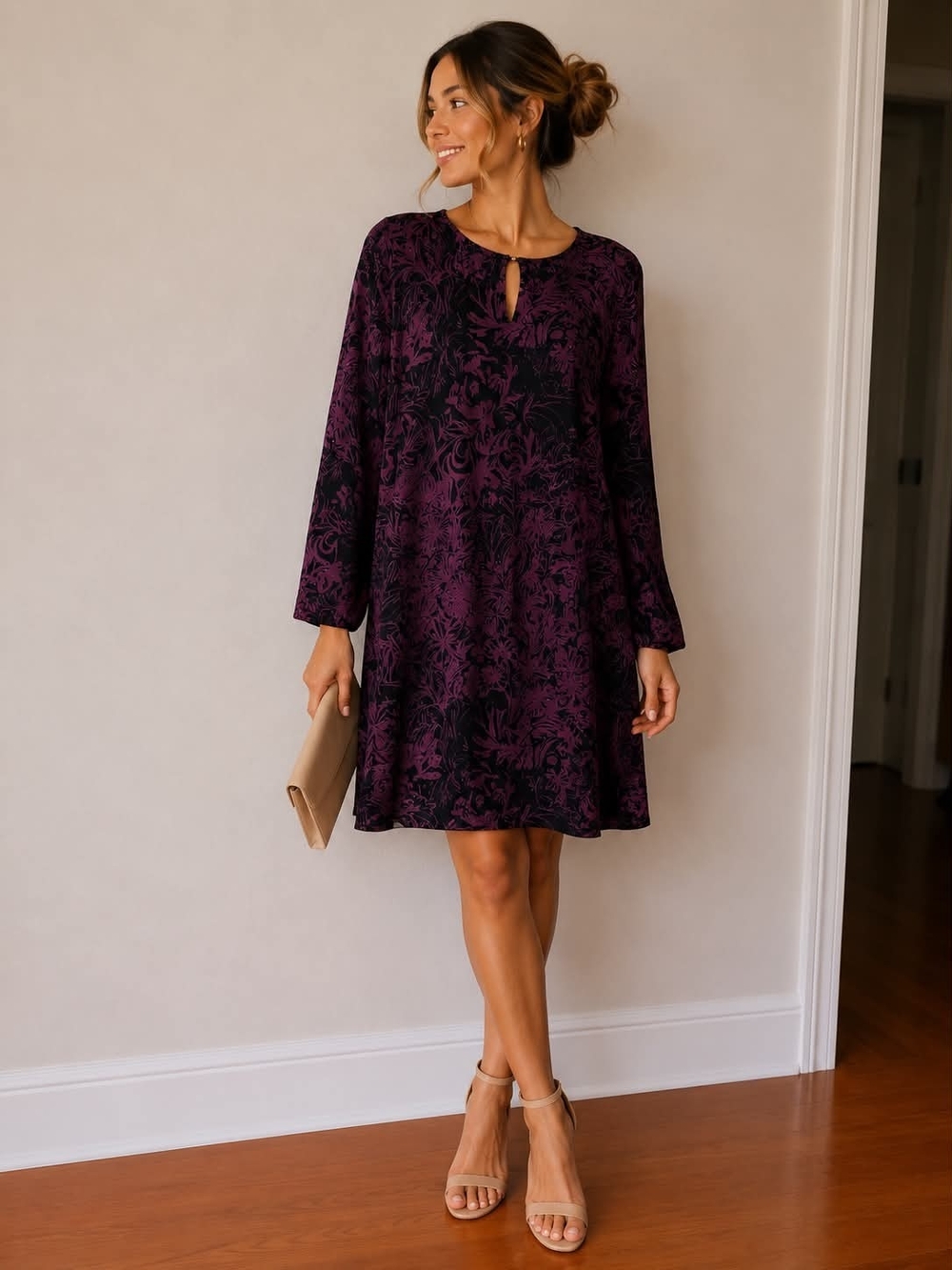 Long-Sleeve Plum Floral A-Line Dress with Keyhole Neck